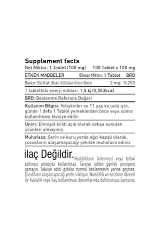 Vitagenom Copper 2 MG Bakır İçeren Takviye Edici Gıda 100 Tablet