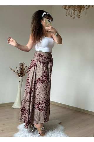Azra Butik Otantik Desenli Etek Bordo