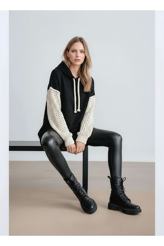 Mamayaga Kadın Kolları Örgü Triko Şık Tasarım Oversize Tunik Boy Zümrüt Yeşili Sweatshirt Kazak Siyah