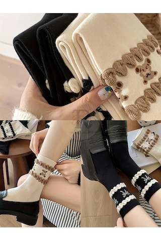 Trampler 4 Çift Kadın Pikotlu Ayıcık Desenli Renkli Çorap Kadın Mevsimlik Desenli Çorap Çok Renkli