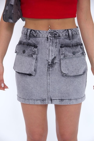 Zeo Basic Kargo Cepli Grey Mini Skirt Gri