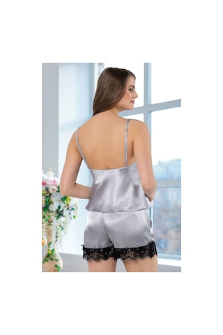 Faal 3101 Kadın Saten Degaje Yaka İp Askılı Şortlu Pijama Takım-gri Gri