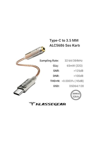Klasse Type-c - 3.5 Alc5686 Çip Hifi Dac Ses Kartı Kulaklık Kablosu Usb Başlık