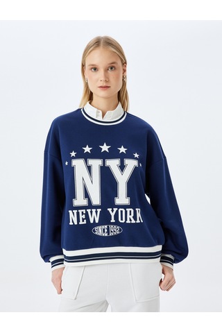 Koton Kolej Baskılı Biyeli Bisiklet Yaka Şardonlu Oversize Sweatshirt Lacivert 5wal10832ık Lacivert