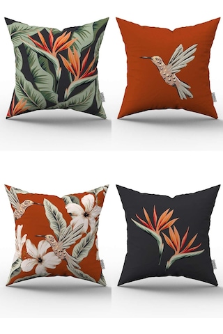 Çift Taraflı Turuncu Çiçek Kuş Desenli Dijital Baskılı Kırlent Kılıfı Seti 4kmbs324-ct