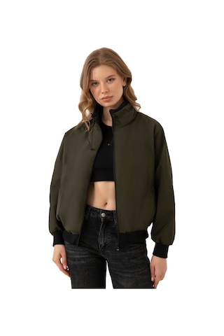 Firststops Kadın Haki Dik Yaka Su Ve Rüzgar Geçirmez Oversize Crop Mevsimlik Yağmurluk Rüzgarlık Haki