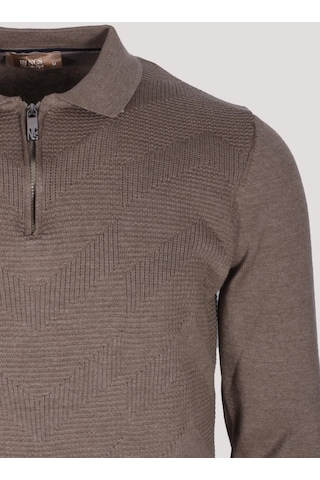 Erkek Polo Yaka Triko Vizonmelanj Slim Fit Yarım Fermuarlı Balık Sırt Desenli Pamuklu Kazak Ncs Jeans 3006-vizon Vizon