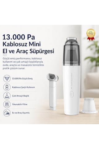 13.000 Pa Güçlü Emiş Kablosuz Şarjlı Taşınabilir Mini El Ve Araç Süpürgesi-1706