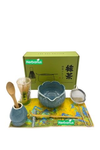 Herbarius 8 Parça Lotus Desenli Çiçek Formlu Benekli Turkuaz Mavisi Renk Matcha Çayı Hazırlama Seti - Geleneksel Japon Matcha Seti