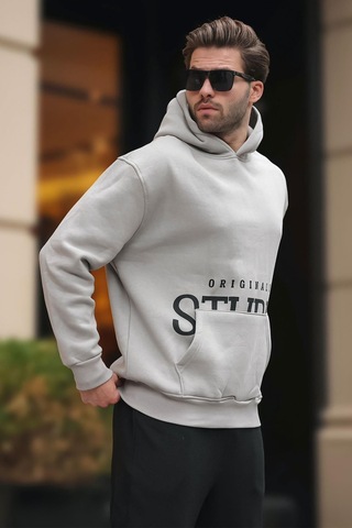Madmext Boyalı Gri Kapüşonlu Baskılı Cep Detaylı Sweatshirt E7076 Gri