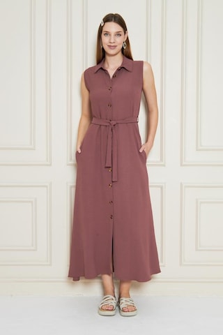 Kadın Uzun Aerobin Elbise Gömlek Yaka, Kolsuz, Kemerli, Yandan Cepli Yazlık-3762385 Gülkurusu
