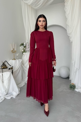 Nils Butik Korse Detaylı Midi Abiye Elbise Bordo