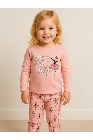 Kız Çocuk Pamuklu Balerin Baskılı Pijama-16018 Pembe