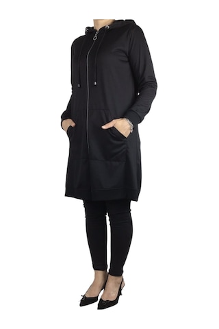 Kadın Kapşonlu Önü Fermuarlı Kanguru Cepli Kristal Kumaş Ceket Siyah