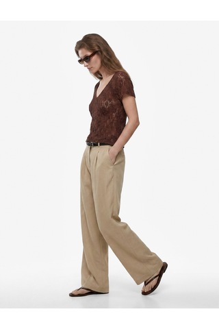 Koton Slim Fit Yarı Transparan Kısa Kollu V Yaka Dantel Tişört Kahverengi 6sak50395ek Kahve