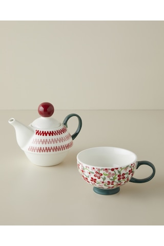Country Bloom New Bone China Demlik Seti 380 260 Ml Bordo-yeşil