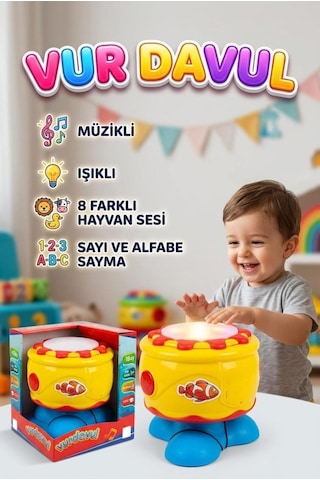 Işıklı Sesli Müzikli Ses Ayarlı Alfabe Ve Sayı Sayabilen Hayvan Sesi Çıkartan Şarkılı Oyuncak Davul