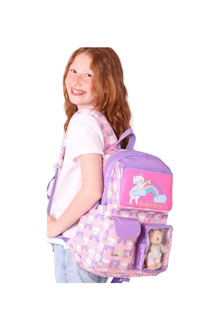 Elatae Su Geçirmez Kumaş Kız Çocuk Çok Gözlü Ortopedik Sırt Okul Çantası L5241 Pembe