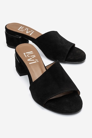 Luvi Shoes Delavıe Siyah Süet Hakiki Deri Kadın Kalın Topuklu Terlik