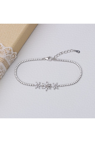 3'lü Çiçek Model Zirkon Taşlı 925 Ayar Gümüş Kadın Bileklik Gümüş