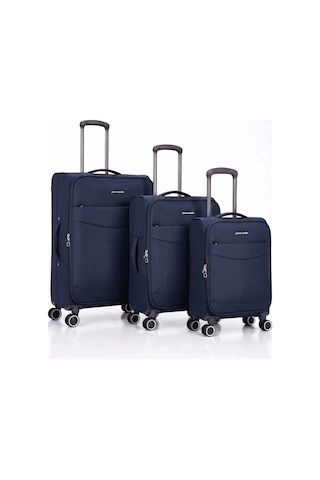 Pierre Cardin 3 Lü Kumaş Valiz Seti Büyük + Orta + Kabin Körüklü Geniş Hacimli, Sessiz Tekerlek Lacivert 04pc6005