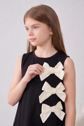 Fesshera Kids Kız Çocuk %100 Pamuk Double Crep Elbise Fiyonk Detaylı Sıfır Kollu Düğme Kapamalı Özel Gün Elbisesi Siyah