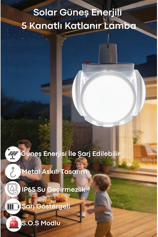 Technosmart 5 Kanatlı Katlanır Solar Ve Usb Şarjlı Asılabilir Kamp Ve Acil Durum Lambası Ip65