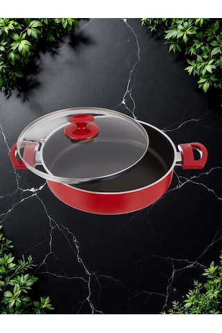 Cam Kapaklı Büyük Boy Pilav Ve Karnıyarık Tenceresi Kırmızı