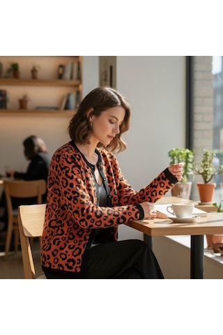 Eren Style Uzun Kollu Leopar Desenli Kaliteli Yünlü Hırka Kiremit