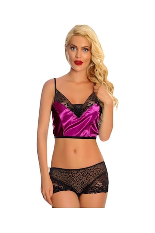 Najmaddin.com Beru Mor Saten Dantelli Babydoll Şortlu Takım - 287