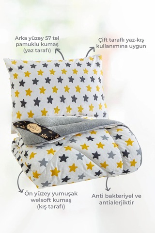 Sarı Star Desenli Tek Kişilik Çift Taraflı Wellsoft Yorgan Seti - Beyaz - 155x215 Sarı-beyaz