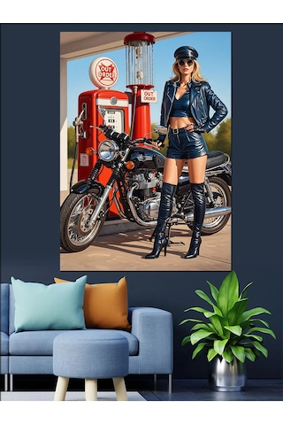 Motosikletli Pin-up Sarışın Kadın Dekoratif Kanvas - Mdf Ahşap Tablo