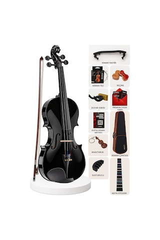 Midex HGA-44BK-PAK 4/4 Kaliteli Siyah Keman Seti Tam Boy Profesyonel (Duvar Askısı Dahil)
