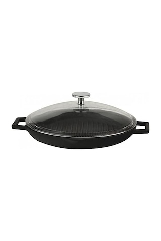 Lava Döküm Yuvarlak Metal Kulplu Cam Kapaklı Izgara Tava 30 CM Lava Döküm Yuvarlak Metal Kulplu Cam Kapaklı Izgara Tava 30 CM
