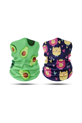 Dair Avokado - Kedi Desenli 2'li Set Boyunluk Bandana Outdoor Balaklava Yüz Maskesi Kafa Bandı