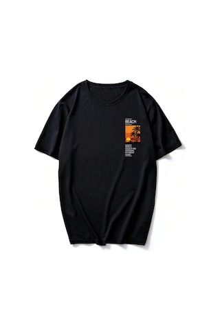 Erkek Beach Baskılı Oversize Tshirt Siyah