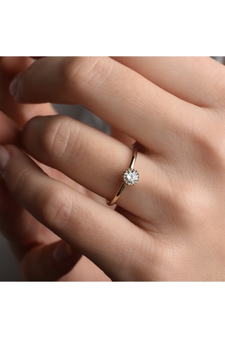 14 Ayar Altın Kaplama Yuvarlak Kesim Tektaş Gümüş Yüzük - Rs00102 Altın