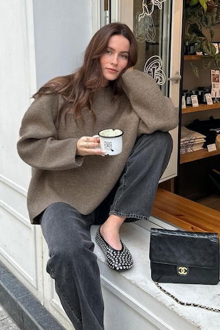 Madmext Madmext Bisiklet Yaka Oversize Triko Kazak MG1972 Vizon