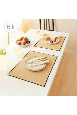 Home Wave 6'lı Siyah Dikiş Detaylı Jüt Amerikan Servis 45 X 35 Cm Bej