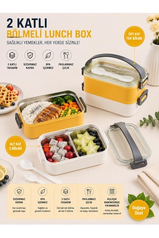 Vagonlife Vgn-462 Sarı-beyaz 1400 Ml 3 Bölmeli Paslanmaz Çelik Lunch Box Beslenme Kabı Çok Renkli