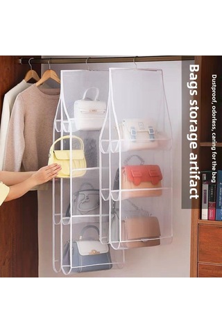 Siyah 3 Katmanlı 6 Izgaralı Saklama Çantası, Çift Taraflı Asılı Altı Katmanlı Toz Geçirmez Siyah