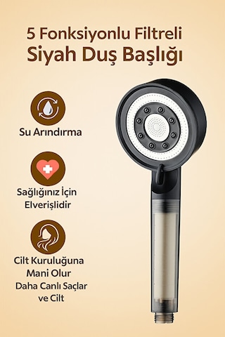 Kustar 5 Fonksiyonlu Çelik Su Tasarruflu Filtreli Turbo Jet Duş Başlığı Siyah