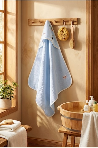 Mavi 4 Kat Müslin Çok Amaçlı Bebek Banyo Bornozu 85x85 Cm Açık Mavi