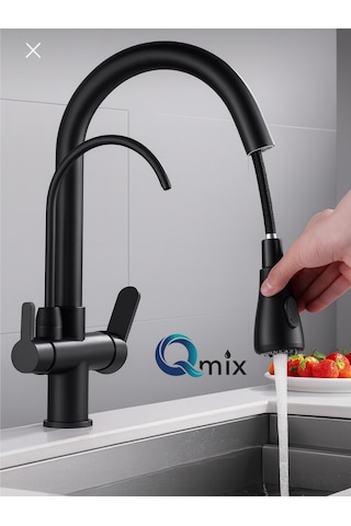 Siyah Lüx Model Arıtmalı Spiralli Mutfak Eviye Bataryası Pirinç Gövde Musluk
