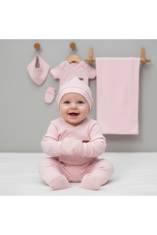 Milays 0-3 Ay Bebeklere %100 Pamuk Çıtçıtlı Body Li Havlulu 7 Parçalı Zıbın Takımı Açık Pembe