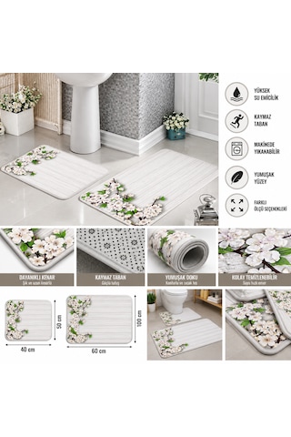 Dijital Baskılı 2 Li Set Banyo Paspası Kaymaz Tabanlı Klozet Takımı Beyaz