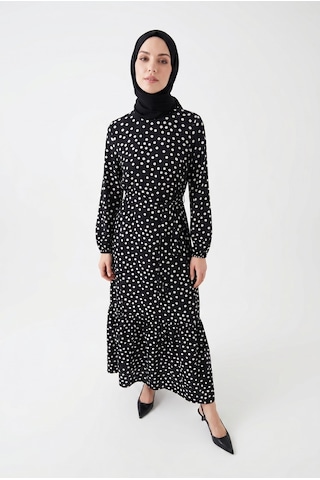 Armine Trend Beli Kuşaklı Ve Lastik Manşetli Puantiye Desen Elbise Siyah 26yt914