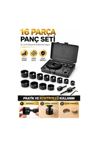 16 Parça Panç Seti 19-64 Mm Ahşap Metal Plastik Delme İşleri