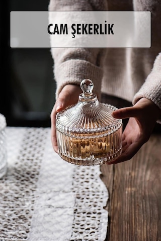 Çizgili Cam Şekerlik Beyaz