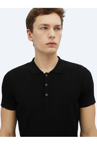 Kip Siyah Polo Yaka Desenli Triko Siyah
